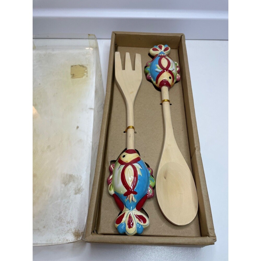 new nantucket HAND PAINTED fish shape CERAMIC HANDLE  WOODEN SALAD FORK SPOON